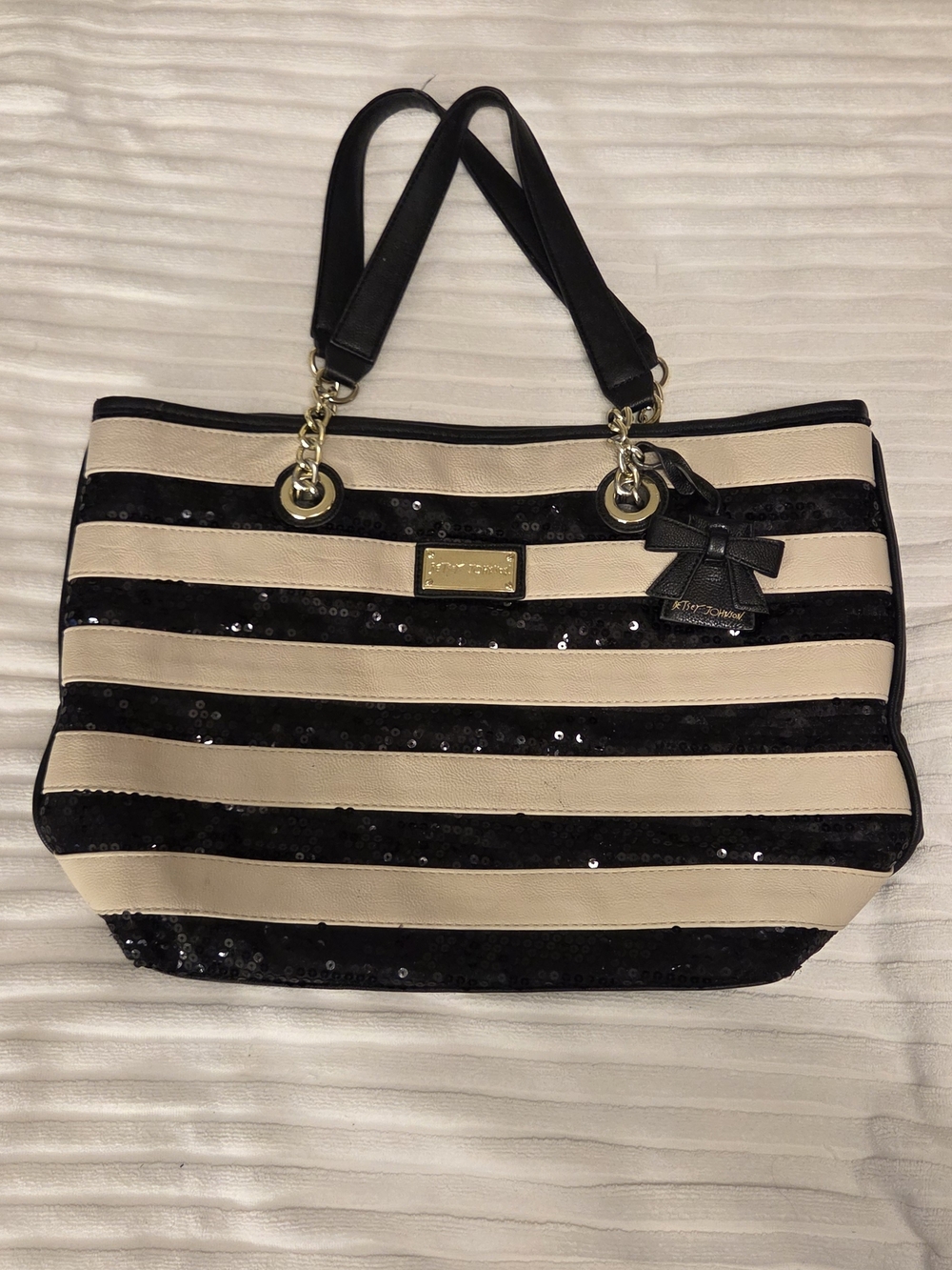 Betsey Johnson Striped Sequin Tote Bag - Black & Cream